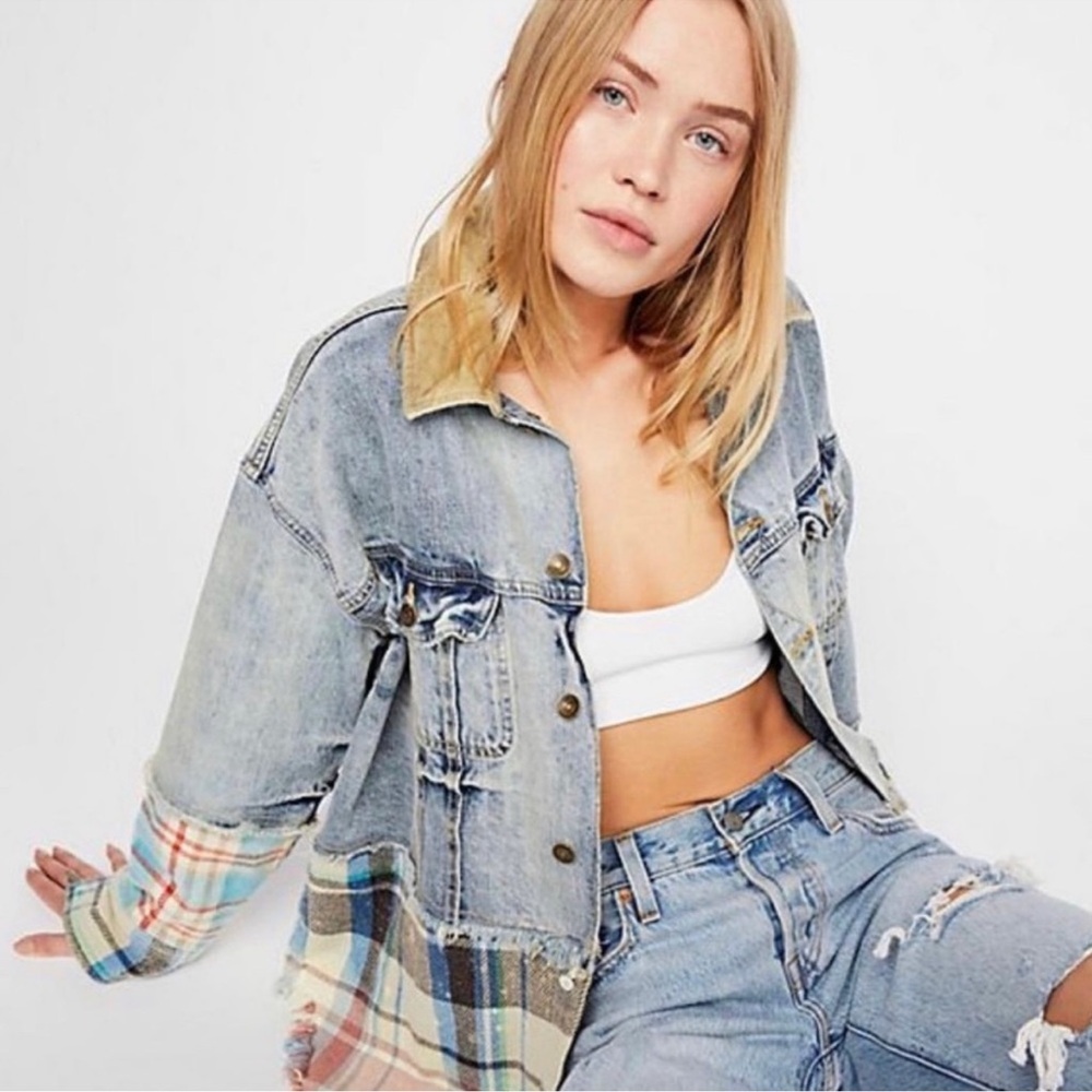 Free People Denim Jacket With Flannel Plaid Accents